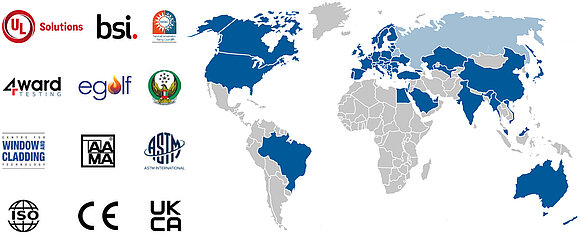 Weltkarte und Logos von Kooperationspartnern des ift Rosenheim im Bereich Prüfung von Fenstern, Türen und weiteren Produkten.