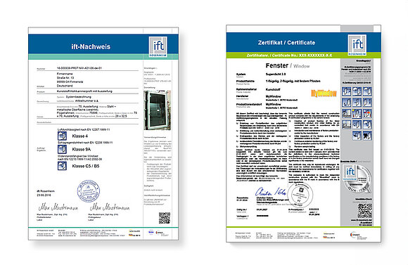 Zwei Dokumente nebeneinander (Deckblattes eines ift-Nachweises (links) und ift-Zertifikat (rechts))